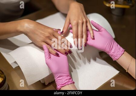 Nahaufnahme der Hände eines Manikuristen in Handschuhen, die weibliche Hände halten Stockfoto