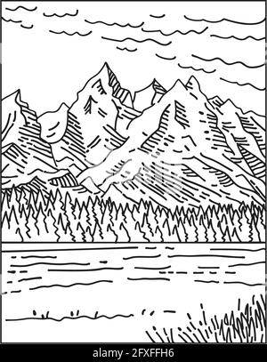 Monolinie Illustration der Teton Range im Grand Teton National Park im Nordwesten von Wyoming, USA in Retro schwarz-weiß Mo Stock Vektor