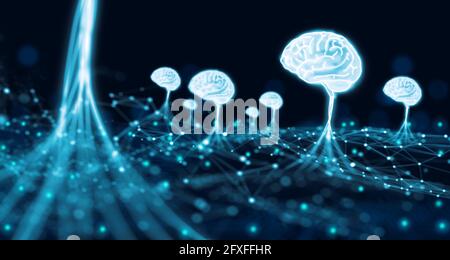 Big-Data-Cloud-Computer mit Ai Brain-Netzwerksystem. Supercomputer, Neuronales Netzwerk, Künstliche Intelligenz Forschung, Machine Learning Konzept. Stockfoto