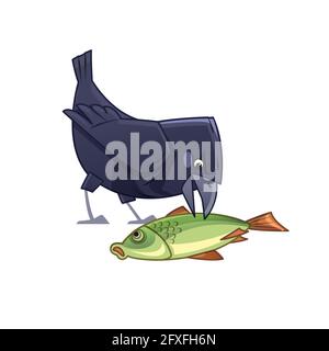 Cartoon-Krähe frisst Fisch. Rabenvogelfigur. Vektordarstellung auf weißem Hintergrund isoliert Stock Vektor