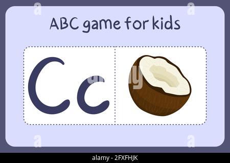 Kind Alphabet Mini-Spiele im Cartoon-Stil mit dem Buchstaben C - Kokosnuss. Vektor-Illustration für Spiel-Design - Schneiden und spielen. Lerne abc mit Flash-Karten für Obst und Gemüse. Stock Vektor