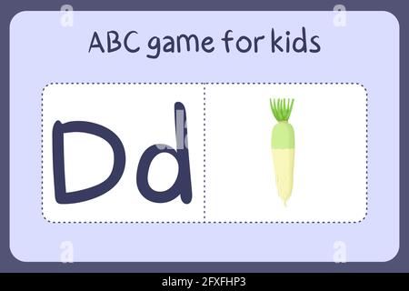 Kind Alphabet Mini-Spiele im Cartoon-Stil mit dem Buchstaben D - daikon. Vektor-Illustration für Spiel-Design - Schneiden und spielen. Lerne abc mit Flash-Karten für Obst und Gemüse. Stock Vektor
