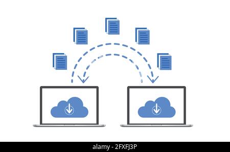 Dateiübertragung auf Smartphones. Datenübertragung, ftp-Dateiempfänger und Laptop-Backup-Kopie. Konzept zur gemeinsamen Nutzung von Dokumenten Stock Vektor