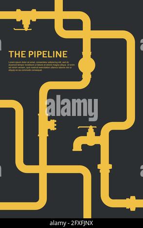 Pipeline-Konzept. Flaches Öl- oder Gasvektordesign mit schwarzem Hintergrund. Stock Vektor