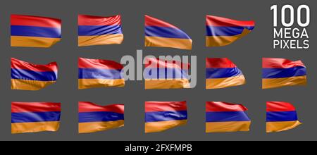 Armenische Flagge isoliert - verschiedene Bilder der wehenden Flagge Auf grauem Hintergrund - 3D-Darstellung des Objekts Stockfoto