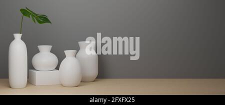 3D-Rendering, Home Decor weiße Keramik Vasen und Topf auf grauem Hintergrund mit Kopierraum, 3D-Illustration Stockfoto