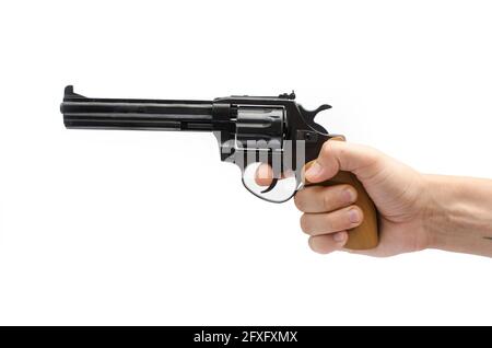 Revolver in der Hand isoliert auf Weiß Stockfoto