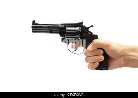 Revolver in der Hand isoliert auf Weiß Stockfoto