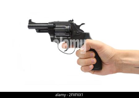 Revolver in der Hand isoliert auf Weiß Stockfoto