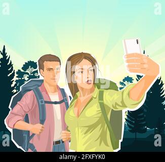 Ein schönes Mädchen Tourist mit einem Rucksack macht ein Selfie mit ihrem Freund. Vor dem Hintergrund der Taiga, Nadelwald. Familienreise. Flache st Stock Vektor