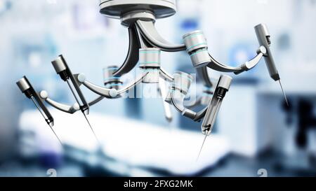 Roboterarme für robotergestützte Chirurgie. 3D-Illustration. Stockfoto