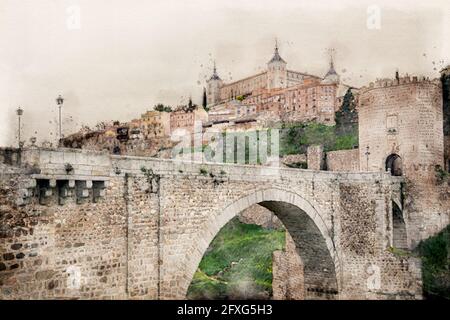 Historisches Stadtbild von Toledo in Spanien mit der Festung Alcazar und der römischen Bogenbrücke Puente de Alcantara über dem Fluss Tejo. Aquarelldarstellung. Stockfoto