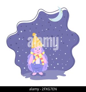 Niedlichen Cartoon Igel in einem Hut und Schal, Nacht, Winter, Mond, Sterne, Schnee. vektor isoliert auf weißem Hintergrund. Stock Vektor