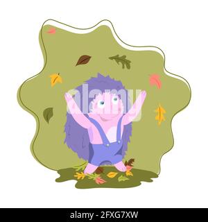 Cute Cartoon Igel tosses Blätter, Herbst. vektor isoliert auf einem weißen Hintergrund. Stock Vektor