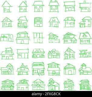House Icon Set von Rough Line Art in handgezeichneter Form, einfach, grün Stock Vektor