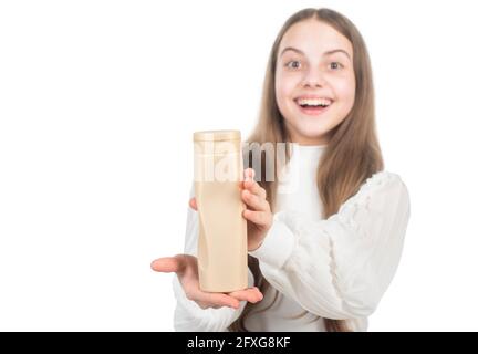 Beauty kosmetisches Produkt Duschgel in der Hand des Kindes kopieren Raum selektiven Fokus, Werbung. Stockfoto