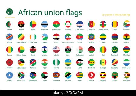 Vector Illustration Symbol Button Set, Sammlung der Afrikanischen Union Mitglieder Flags auf weißem Hintergrund. Stock Vektor