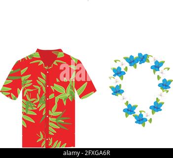 Vector Illustration hawaiianische Aloha Shirt mit Blumenkranz, Halskette. Hawaii Hemd Aloha Beach männliche Tuch. Hawaii Hemd nach Bekleidung Muster Stock Vektor