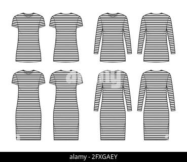 Set von Kleidern Matrosen technische Mode Illustration mit Streifen, langer Ellbogen kurze Ärmel ärmellos, überdimensioniert ausgestattet, Knie Mini Länge. Flatwear vorne, hinten, weiß. Frauen, Männer CAD-Modell Stock Vektor