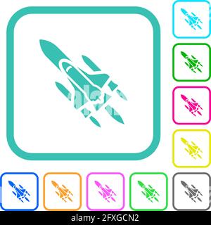 Space Shuttle mit Trägerraketen lebendige farbige flache Symbole in gekrümmten Rahmen auf weißem Hintergrund Stock Vektor