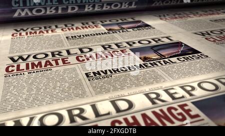 Weltbericht zum Klimawandel, globale Erwärmung, Ökologie und Umweltkrisennachrichten, täglicher Zeitungsdruck. Retro 3d Rendering schwarz-weiß Animat Stockfoto