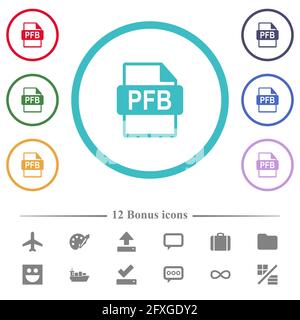 PFB-Dateiformat: Flache Farbsymbole in kreisförmigen Umrissen. 12 Bonus-Symbole enthalten. Stock Vektor