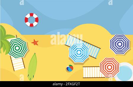 Top view beach Hintergrund mit Sonnenschirmen, Bälle, Schwimmring, Surfbrett, Seesterne und Meer. Luftaufnahme Sommer Strand Vektor. Stock Vektor