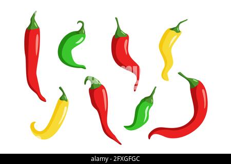 Set von mehrfarbigen Chilischoten auf weiß isoliert. Vektorgrafik Stockfoto