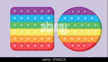 Einfache Grübchen Pop es Antistress trendy Spielzeug. Rainbow Square und Round Pop it. Einfache Darstellung von Grübchen-Vektoren. Stock Vektor