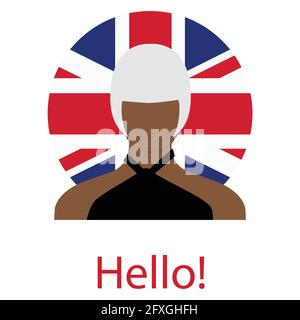 Englische Sprache Rede Hallo Konzept. Hallo. Großbritannien Flagge Frau Hallo! Vector Illustration Stock Vektor