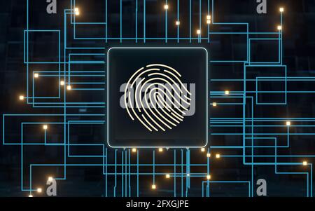 Schaltlinien und Chip mit schwarzem Hintergrund, 3d-Rendering. Digitale Zeichnung des Computers. Stockfoto