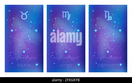 Set aus drei Fahnen mit Sternzeichen, astrologischen Konstellationen und geometrischen Symbolen vor abstraktem Hintergrund mit Sternen. Sammlung von Stock Vektor