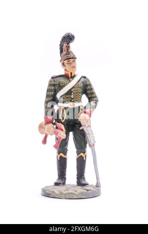 Zinnsoldat Trompeter Schevolesherskogo Regiment in Kleideruniform, 1813-1814 isoliert auf weiß Stockfoto