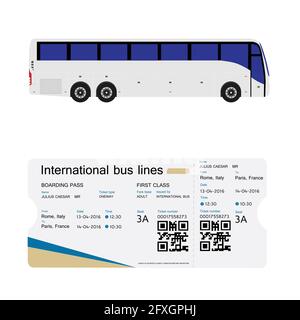 Vector Illustration Bus und Bordkarte ticket Template Design isoliert auf Weiss. Realistische transport Ticket mit Barcode. Stock Vektor