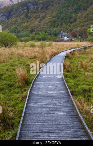 Die Promenade über Sumpflandschaft am südlichen Ende von Derwent Water mit dem Lodore Falls Hotel in der Ferne, Lake District, England Stockfoto