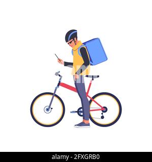 Mann Kurier mit einer Karte App auf dem Handy, um die Lieferadresse zu finden. Fahrrad Lieferung Essen Service zu Hause. Kurier Mit Mobiltelefon Liefern Stock Vektor