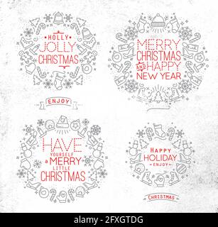 Weihnachtliche dekorative Symbole für Winterferien im flachen Stil, Zeichnung mit grauen und roten Linien auf schmutzigem Papier Stock Vektor