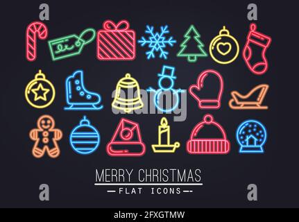 Weihnachtliche flache Ikonen in Neon-Stil Zeichnung mit Farbe Stock Vektor