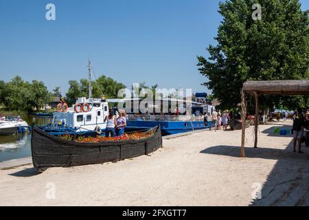 Gura Portitei Dorf, Boot mit Blumen gefüllt, Portita Halbinsel am Donaudelta, Osteuropa, Rumänien Stockfoto