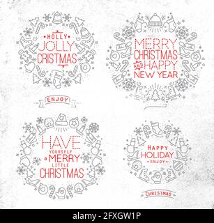 Weihnachtliche dekorative Symbole für Winterferien im flachen Stil, Zeichnung mit grauen und roten Linien auf schmutzigem Papier Stock Vektor