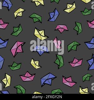 Nahtloses Muster von lustigen Kinderbooten. Origami-Imitation, Farbzeichnung. Stock Vektor