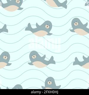 Nahtloses Muster Cute Cartoon Set Charakter, Vektor-Illustration eines Meerestiere auf einem Meereshintergrund mit Wellen Stockfoto