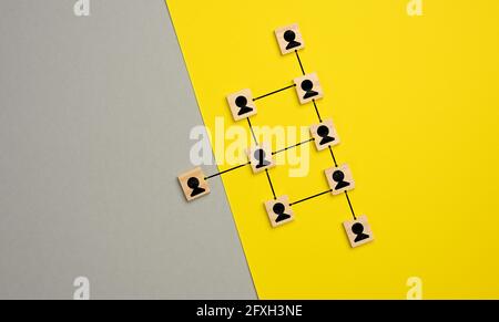 Holzblöcke mit Figuren auf graugelbem Hintergrund, hierarchische Organisationsstruktur des Managements, effektives Managementmodell im Organizist Stockfoto