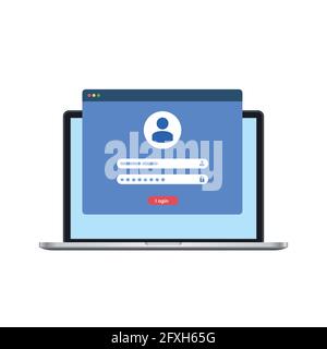 Laptop mit Autorisierung, Login und Passwort des Benutzers für das System oder Konto, Vektorgrafik Stock Vektor