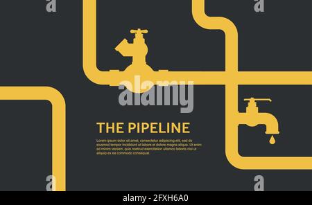 Hintergrundkonzept der Pipeline. Öl- oder Gasflachvektor-Design mit gelben Rohren auf schwarzem Hintergrund. Stock Vektor