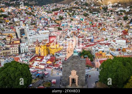 Luftaufnahme des historischen Zentrums von Guanajuato City in Guanajuato, Mexiko. Stockfoto