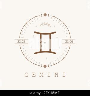Zwillinge. Sternzeichen im Boho-Stil. Astrologisches Symbol auf weißem Hintergrund isoliert. Mystery und esoterisch. Horoskop Logo Vektor Illustration. Spirituell Stock Vektor