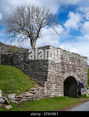 Die Bogenöffnung eines veralteten Kalkofens in High Eskeleth, Archengarthdale, Yorkshire Dales, Großbritannien Stockfoto