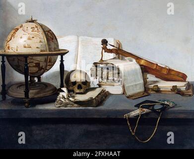 Vanitas Stillleben mit Büchern, einem Globus, einem Schädel, einer Violine und einem Fächer - Jan Davidsz. De Heem, um 1650 Stockfoto
