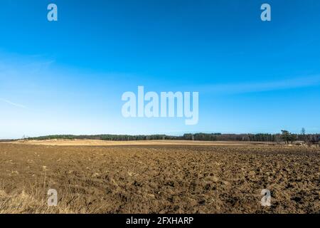 Frühlingshafte Landschaft mit gepflügten Feldern unter blauem Himmel. Stockfoto